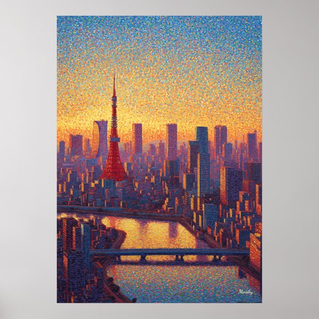 Tokyo Tower Pointillism Stadssiluett Solnedgång Ko Poster (Framsidan)