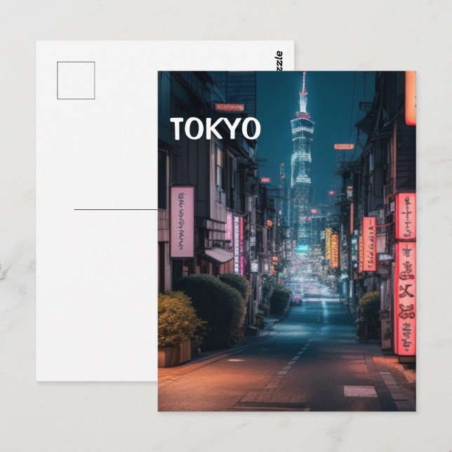 Tokyos gator på natten  vykort (Fram/baksida)