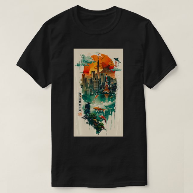 Tokyos Skyline Japan Tokyo Samurai Koi Fish T Shirt (Design framsida)