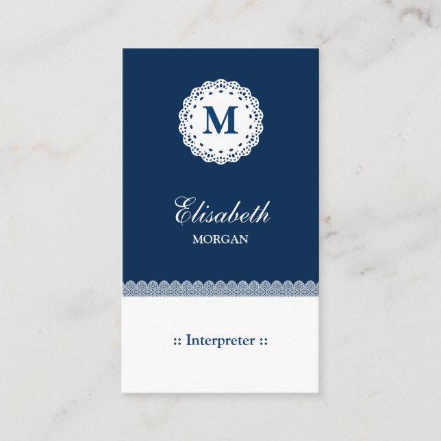 Tolk Blue White Snöre Monogram Visitkort (Framsida)