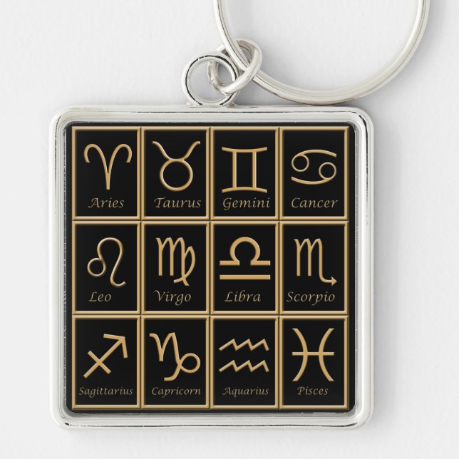 Tolv zodiac-tecken i Guld Premium Keychain Fyrkantig Silverfärgad Nyckelring (Framsidan)