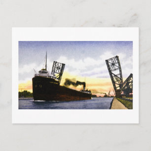Tom Freighter Passing Bascule Bridge, Soo Locks Vykort