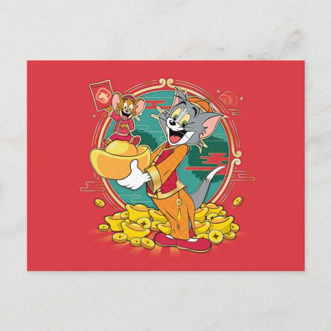 Tom & Jerry New Years Red Kuvert Helg Vykort (Framsida)