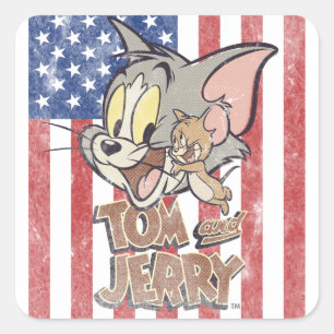 Tom & Jerry With US Flagga Fyrkantigt Klistermärke