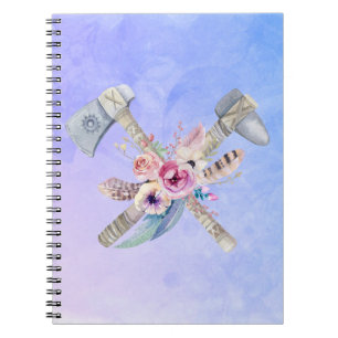 Tomahawk Feathers and Flowers Watercolor Design Anteckningsbok Med Spiral