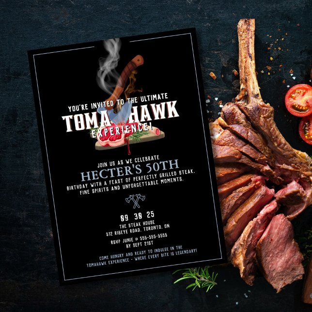 Tomahawk Födelsedagsinbjudan Inbjudningar (Bold tomahawk steak birthday invitation with fiery details for a memorable celebration.







)