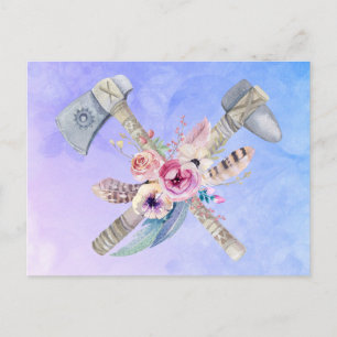 Tomahawk Hammer och Flowers Watercolor Design Vykort
