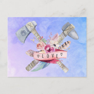 Tomahawk Hammer och Flowers Watercolor Design Vykort