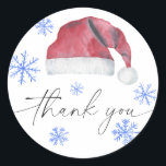 Tomat tack för ditt kort runt klistermärke<br><div class="desc">Inbjudan dina gäster med den här vattenfärgen Santa hat och snöflingor - inbjudan till elegant för babydusch. Använda designen verktyg för att redigera texten,  ändra teckensnittet färg och stil för att skapa en unik inbjudan av typen inbjudningsdesign. Matchande objekt är tillgängliga.</div>