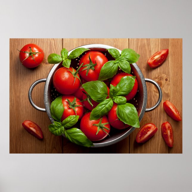 Tomater med basil i Colander Poster (Framsidan)