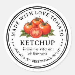 Tomatketchup hemmagjord konservering matetikett runt klistermärke