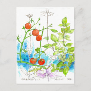 Tomato Basil Garden Praying Mantis Art Vykort