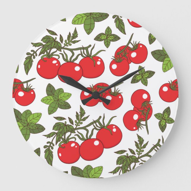 Tomato Basil Seamless Kitchen Mönster Stor Klocka (Framsida)