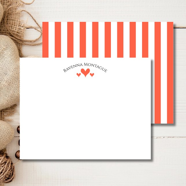 Tomato Elegant Classic Hearts Striped Note Card Anteckningskort (Skapare uppladdad)