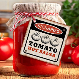 Tomato Hett Salsa med rostig bakgrund Gåvor Etiketter
