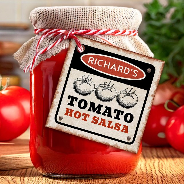 Tomato Hett Salsa med rostig bakgrund Gåvor Etiketter (Skapare uppladdad)