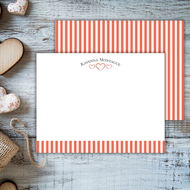 Tomato Modern Open Hearts Striped Note Card Anteckningskort (Skapare uppladdad)