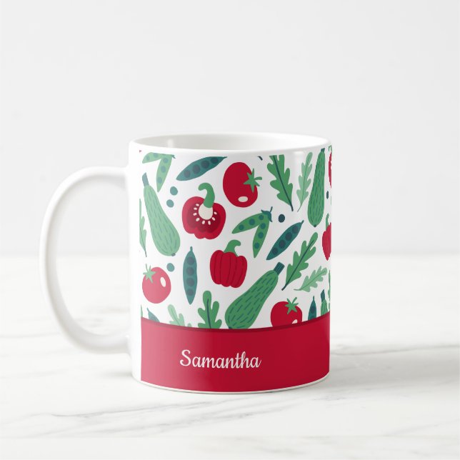 Tomato och gurka Vegetable Mönster w Namn Red Kaffemugg (Vänster)