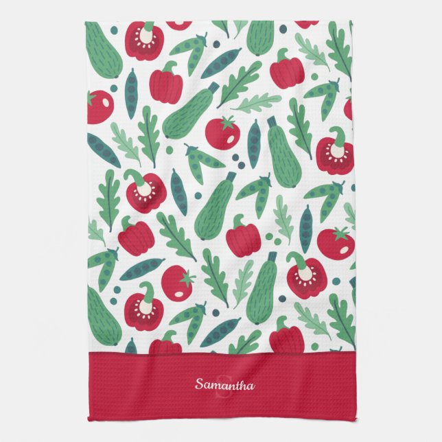 Tomato och gurka Vegetable Mönster w Namn Red Kökshandduk (Vertikal)