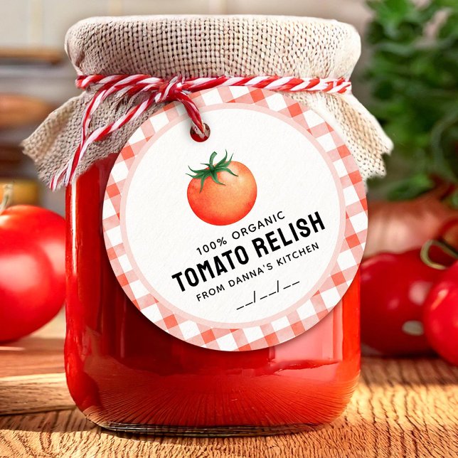 Tomato Relish with tomato och checkad mönster Gåvor Etiketter (Skapare uppladdad)