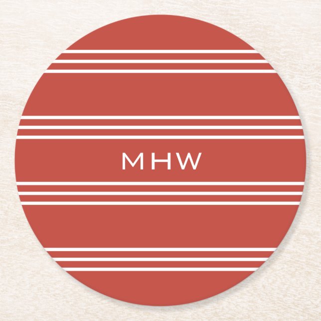 Tomato Röda Ränder anpassade monogram papper under Underlägg Papper Rund (Framsidan)