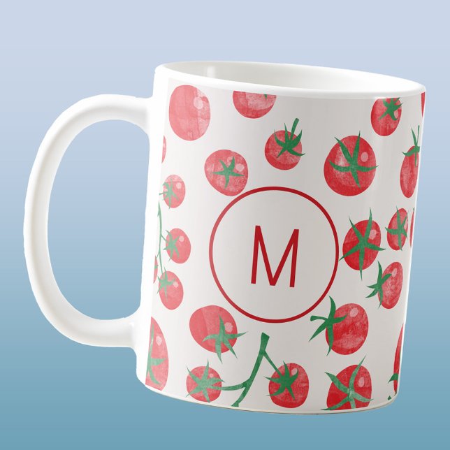 Tomato Watercolor Mediterranean Monogram Initial Kaffemugg (Modern monogram initial personalized tomato watercolor art coffee mug)