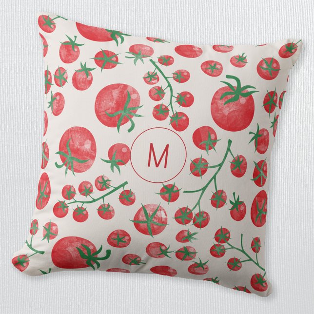 Tomato Watercolor Mediterranean Monogram Initial Kudde (Fun watercolor tomato Mediterranean pattern monogram initial personalized throw pillow)