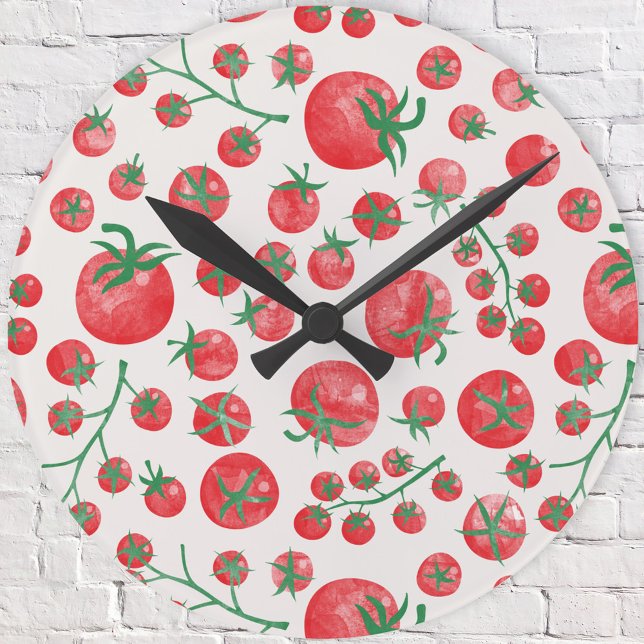 Tomato Watercolor Mediterranean Rund Klocka (Fun watercolor tomato Mediterranean pattern wall clock)
