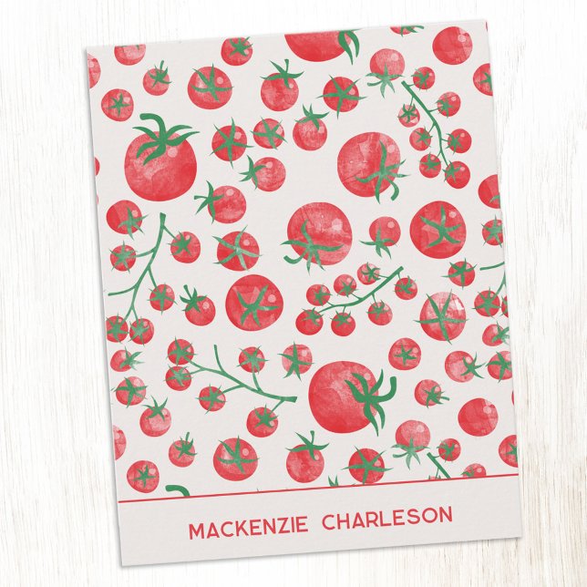 Tomato Watercolor Mediterranean Summer Personalize Anteckningskort (Watercolor tomato Mediterranean summer kitchen garden personalized custom name art notecards)