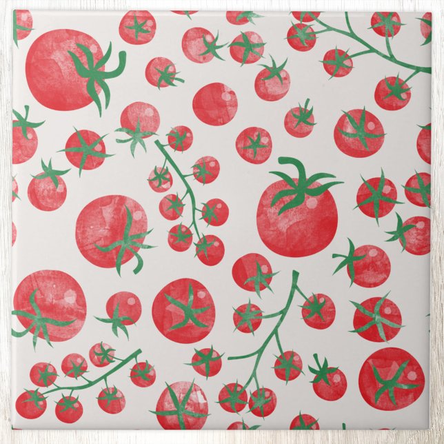 Tomato Watercolor Pattern Kakelplatta (Fun Mediterranean summer watercolor tomato pattern ceramic tile)