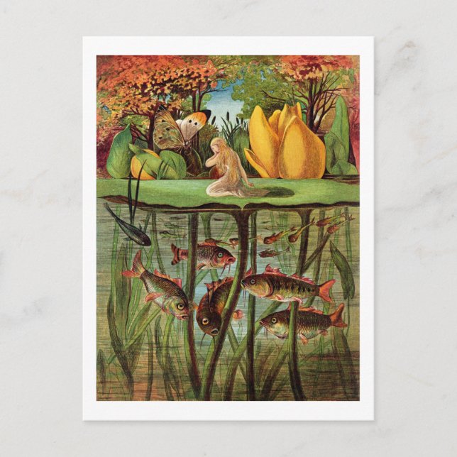 Tommelise mycket avlat på vatten lily löv, i vykort (Framsida)