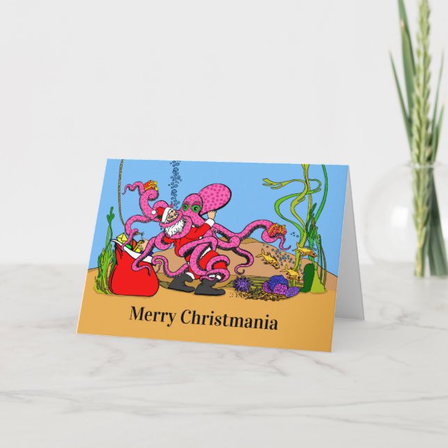 Tommte som brottas med en bläckfisk Merry Christma Kort (Framsida)