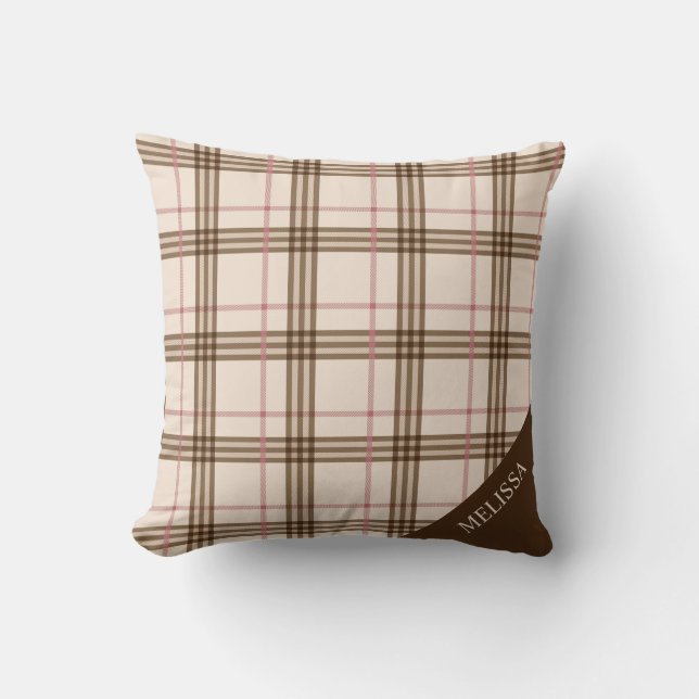 Tompson beige brun röd rosa ros guld tartan kudde (Framsida)