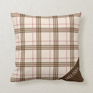 Tompson beige brun röd rosa roséguld tartan kudde