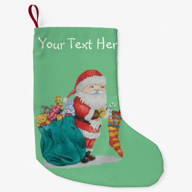 Tomt med grönt-säck fylld med julklappar liten julstrumpa (Framsidan)