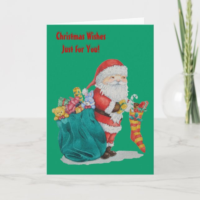 Tomt med säck och leksak samt julklappar helgkort (Framsida)