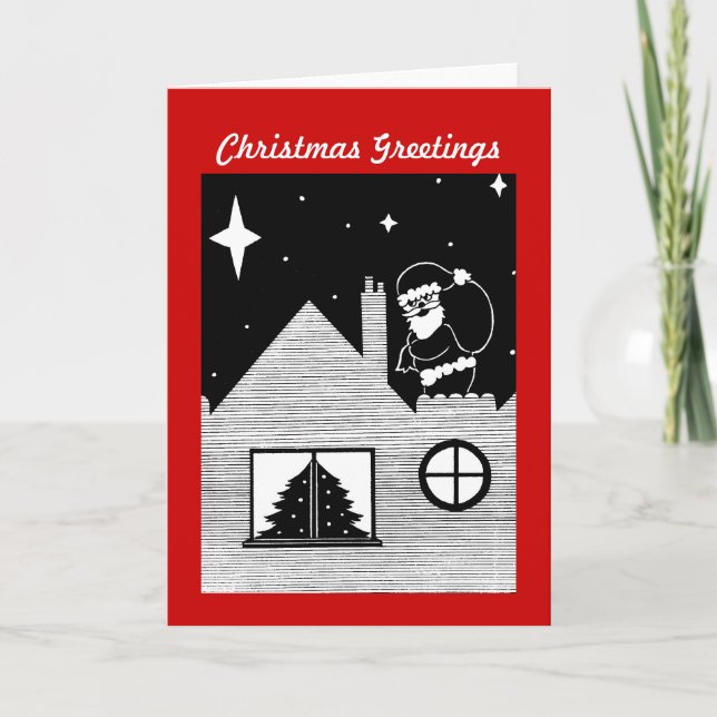 Tomt med säck på tak svart och vit jultoma helgkort (Framsida)