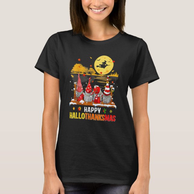 Tomtar Glad Hallothanksmas Halloween Tacksgiving T Shirt (Framsida)