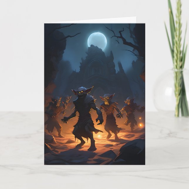 Tomtar kommer ut i månljus Halloween Helgkort (Framsida)