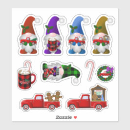 Tomtar med juldekalstickers med små röda lastbilar klistermärken