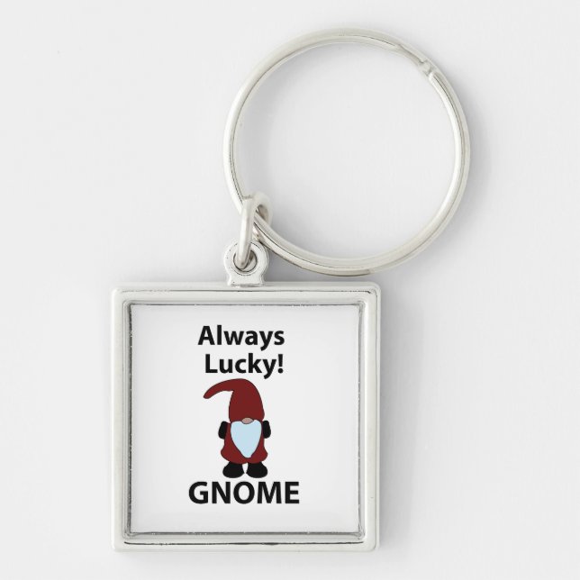 Tomte Alltid Lucky Gnome Fyrkantig Silverfärgad Nyckelring (Framsidan)
