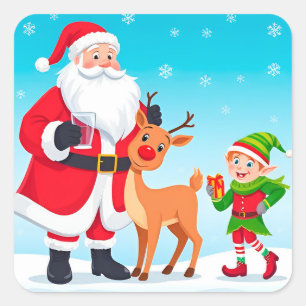 Tomte, Alv och Ren i en Festlig Julstämning Fyrkantigt Klistermärke