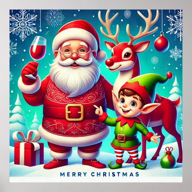Tomte, Alv och Ren i en Festlig Julstämning Poster (Framsidan)