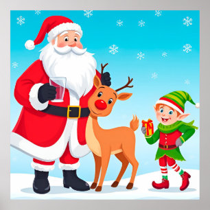 Tomte, Alv och Ren i en Festlig Julstämning Poster