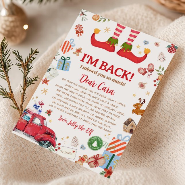 Tomte ankomst Julkort 'Jag är tillbaka' Inbjudningar (Elf Arrival Christmas I'm Back Letter Card)