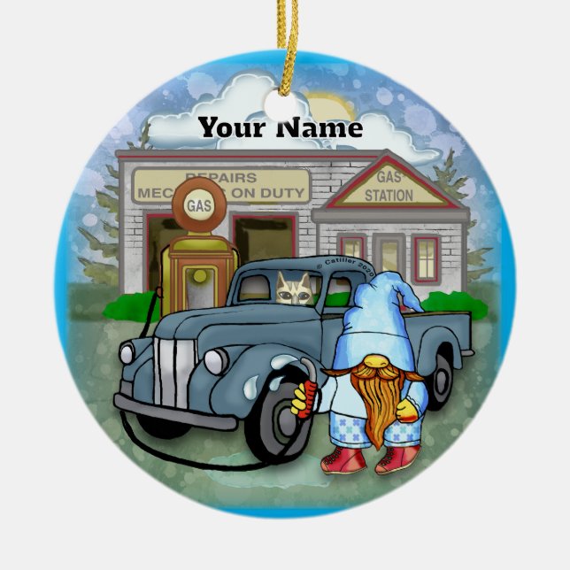 Tomte bensinstation julgransprydnad keramik (Framsidan)