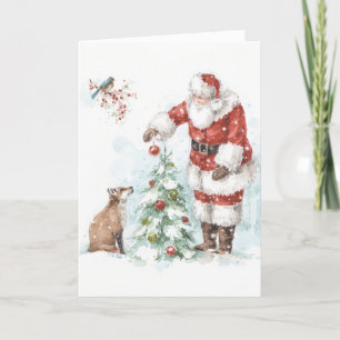 Tomte dekorerar ett träd med sina skogsvänner helgkort