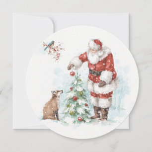 Tomte dekorerar ett träd med sina skogsvänner julkort