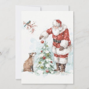 Tomte dekorerar ett träd med sina skogsvänner julkort