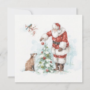 Tomte dekorerar ett träd med sina skogsvänner julkort